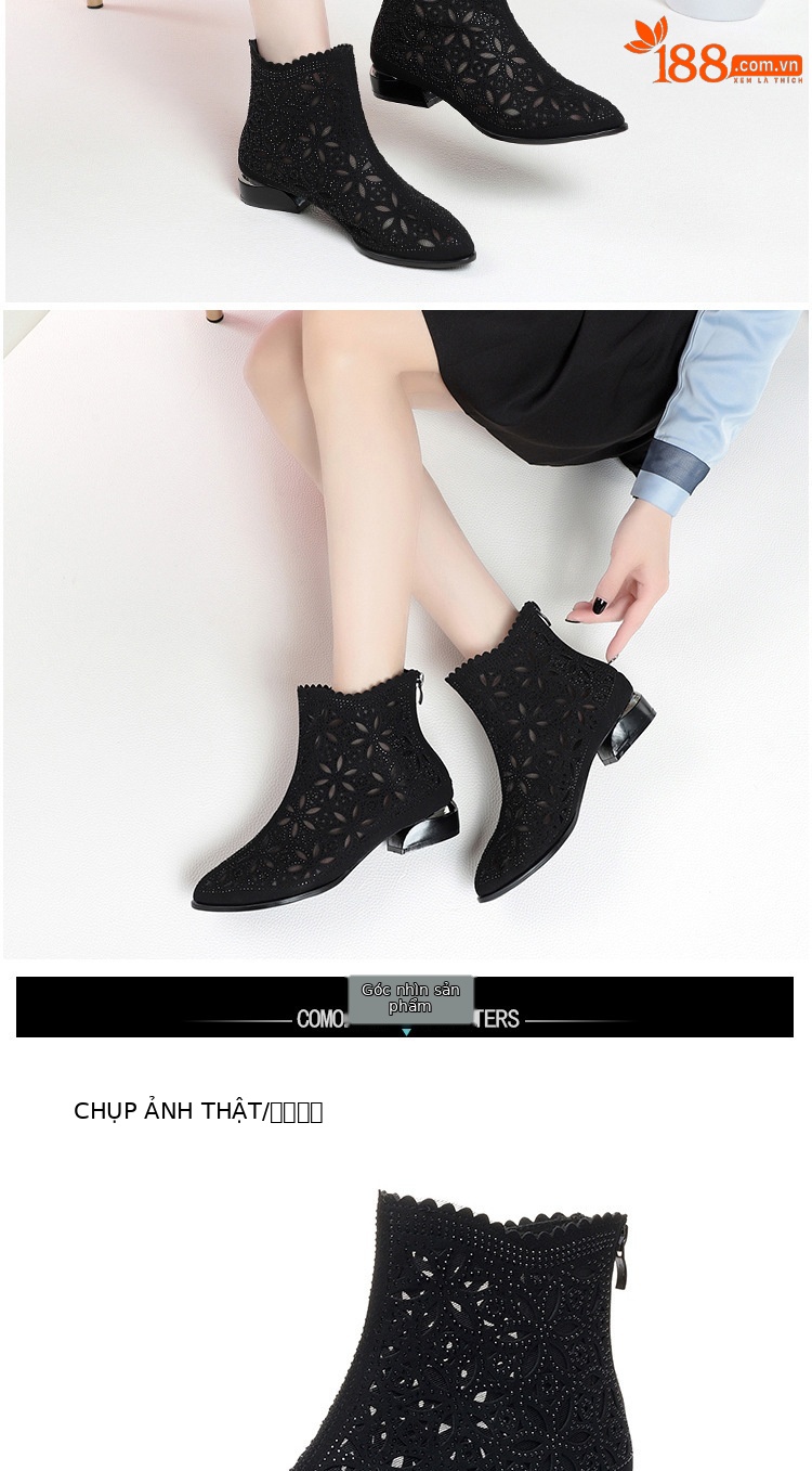 Boot nữ cổ thấp gót vuông thoáng khí da thật hở mũi lưới — màu be chi tiết 6