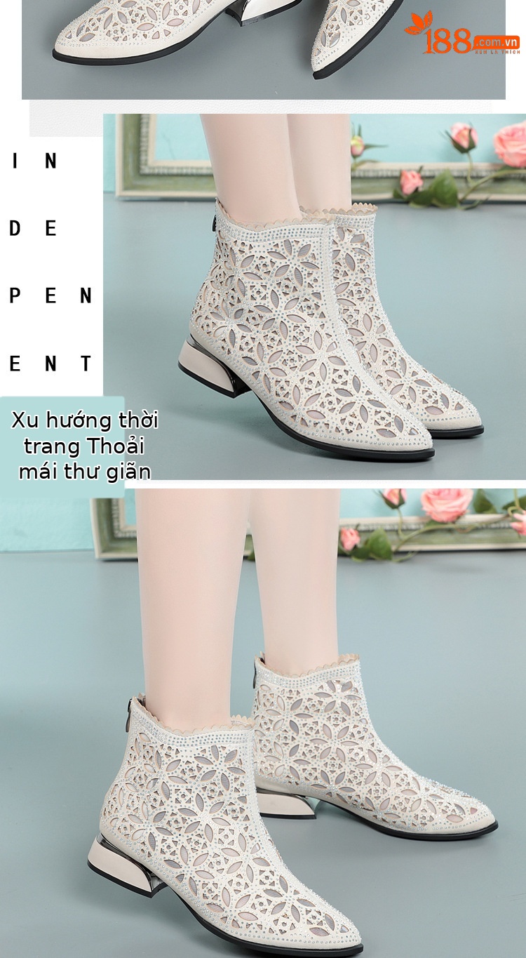 Boot nữ cổ thấp gót vuông thoáng khí da thật hở mũi lưới — màu be chi tiết 10