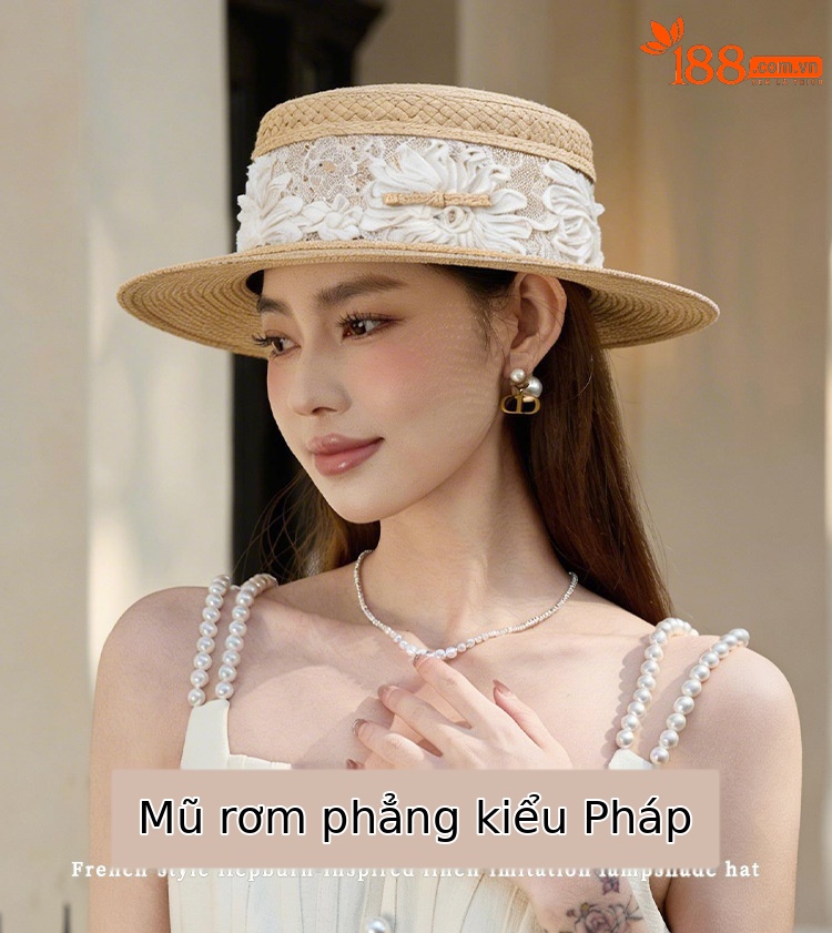 Mũ rơm phẳng đầu phong cách Pháp nữ tính, che nắng đi biển mùa hè — màu đen chi tiết 1