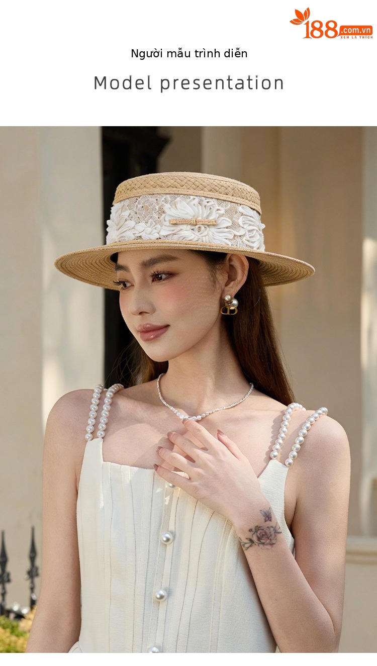 Mũ rơm phẳng đầu phong cách Pháp nữ tính, che nắng đi biển mùa hè — màu đen chi tiết 5