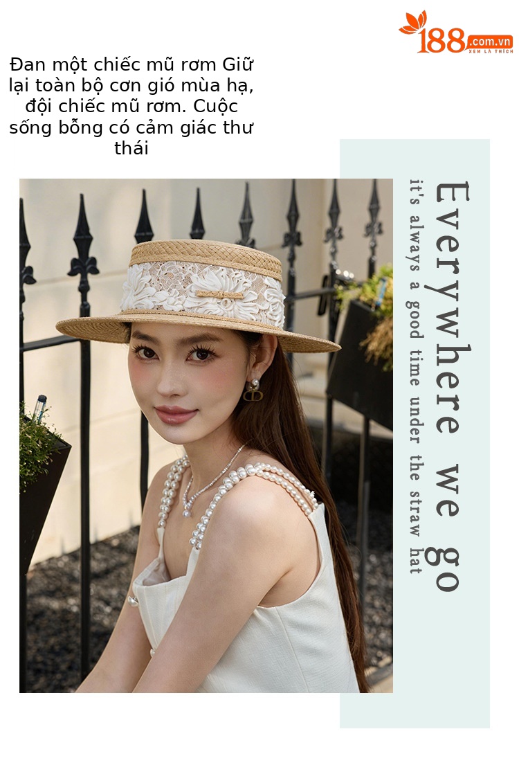 Mũ rơm phẳng đầu phong cách Pháp nữ tính, che nắng đi biển mùa hè — màu đen chi tiết 6