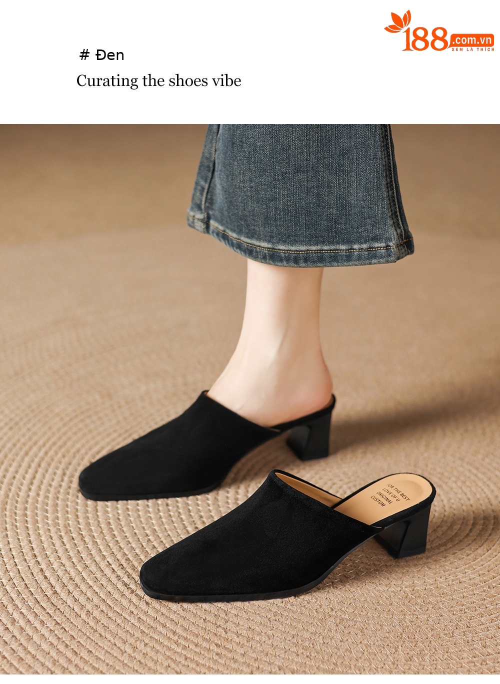 Sandal cao gót nữ mũi vuông da lộn, gót 7 cm, kiểu dáng nửa kéo — đen chi tiết 19