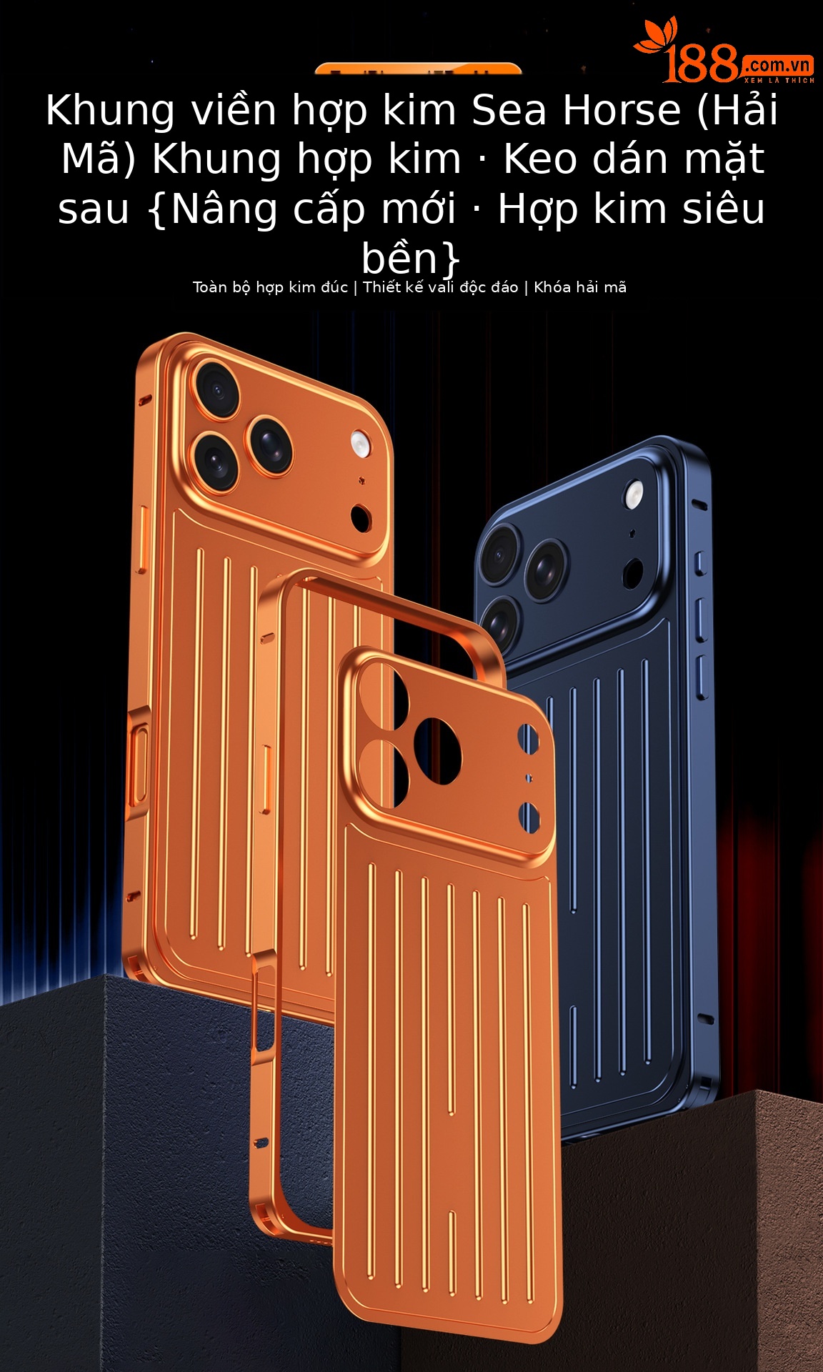 Ốp lưng điện thoại kim loại mờ chống sốc dạng vali cho iPhone 17 Pro Max / 16 Pro Max — Đen, Bạc, Cam, Xanh Titan chi tiết 1