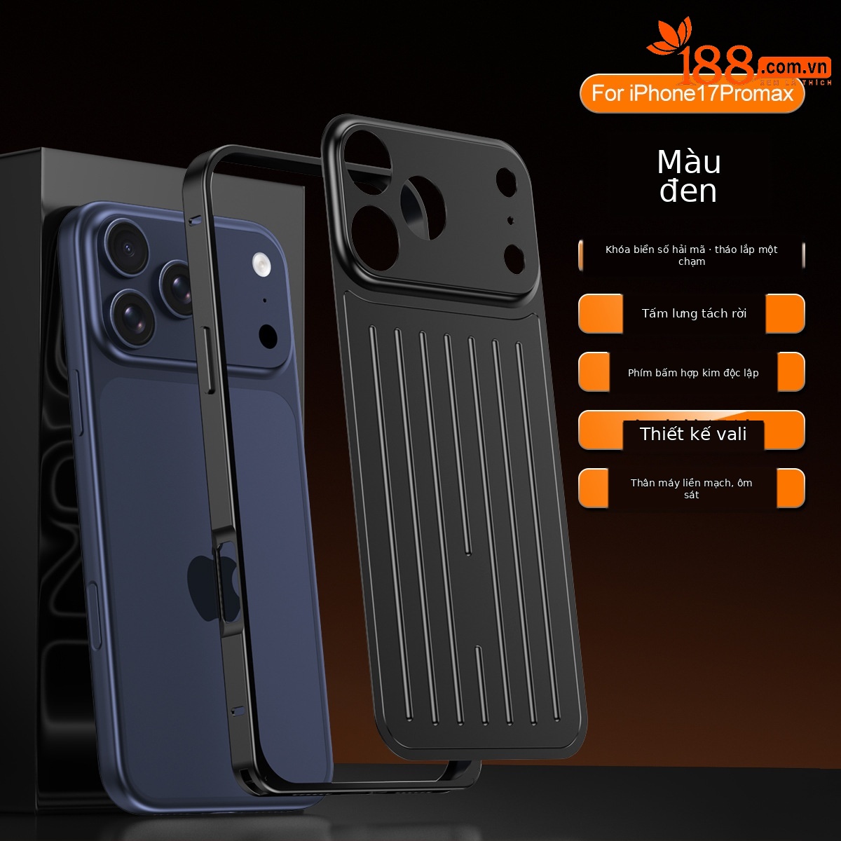 Ốp lưng điện thoại kim loại mờ chống sốc dạng vali cho iPhone 17 Pro Max / 16 Pro Max — Đen, Bạc, Cam, Xanh Titan