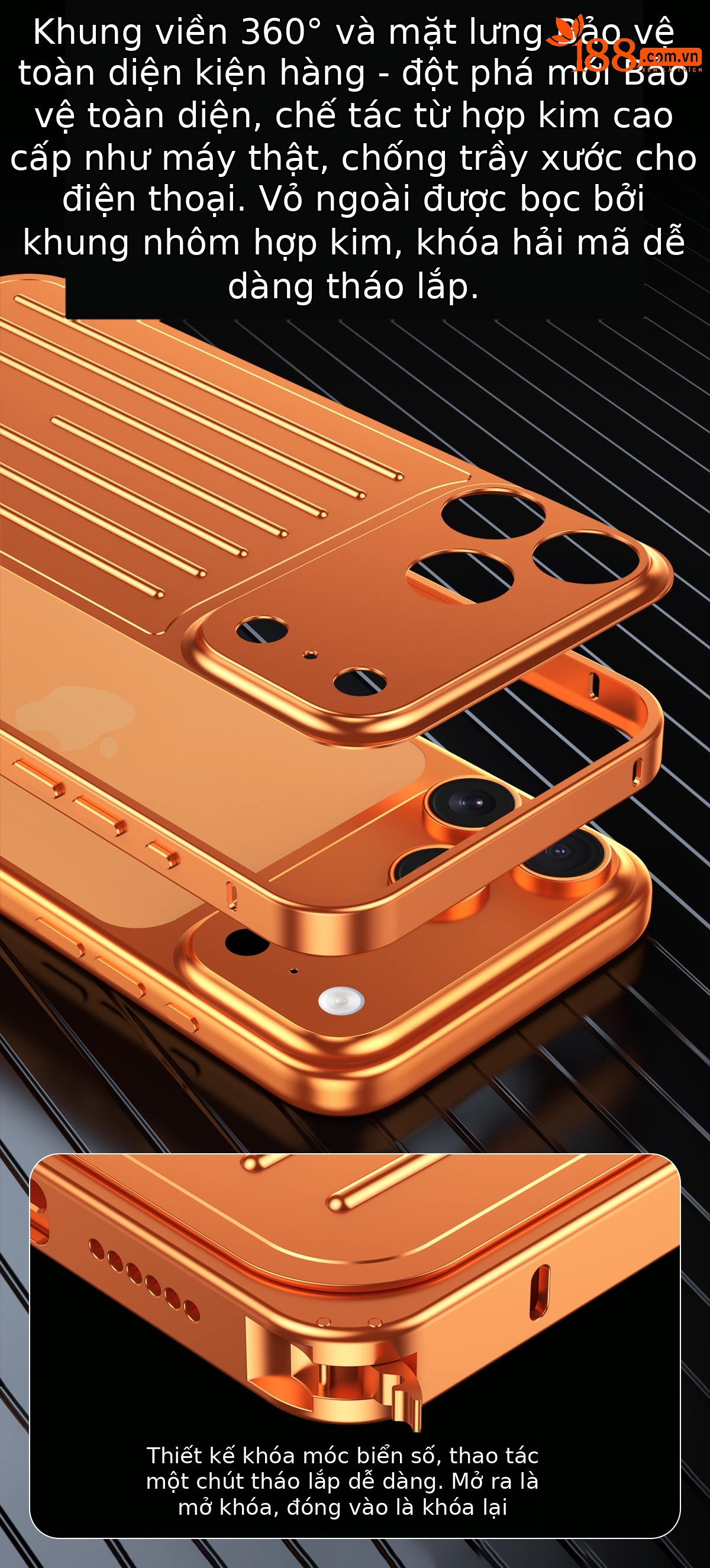 Ốp lưng điện thoại kim loại mờ chống sốc dạng vali cho iPhone 17 Pro Max / 16 Pro Max — Đen, Bạc, Cam, Xanh Titan chi tiết 6