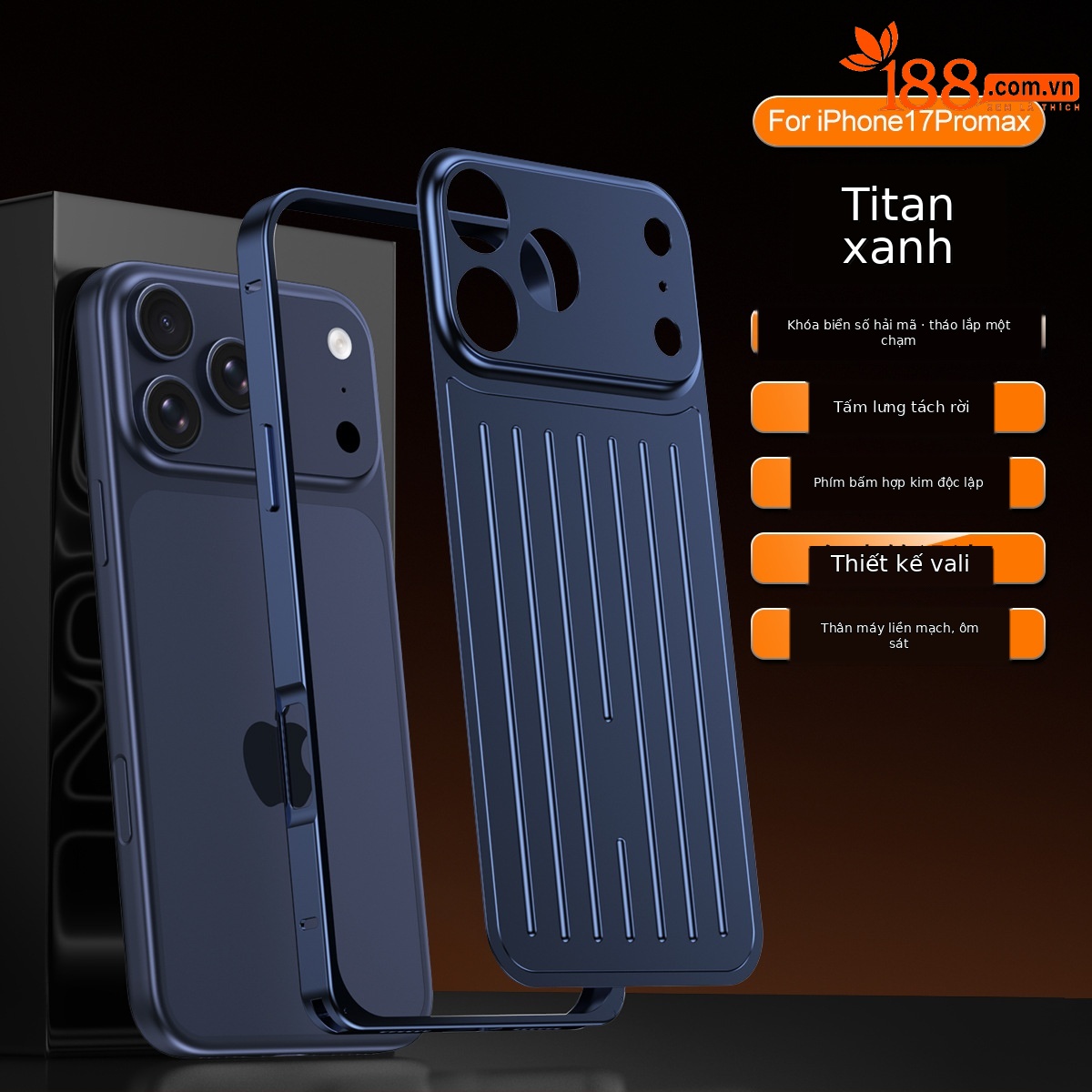 Ốp lưng điện thoại kim loại mờ chống sốc dạng vali cho iPhone 17 Pro Max / 16 Pro Max — Đen, Bạc, Cam, Xanh Titan chi tiết 13