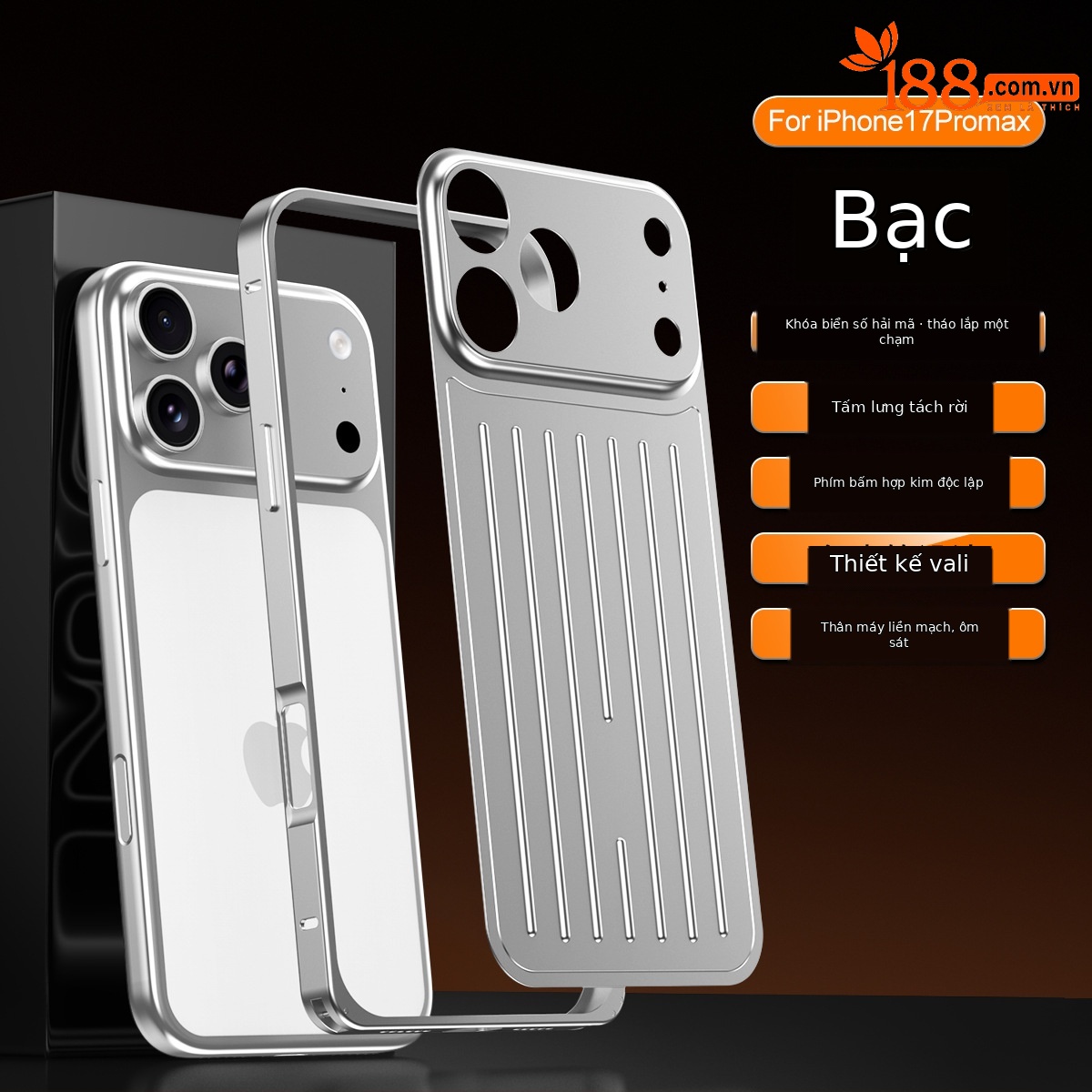 Ốp lưng điện thoại kim loại mờ chống sốc dạng vali cho iPhone 17 Pro Max / 16 Pro Max — Đen, Bạc, Cam, Xanh Titan chi tiết 14