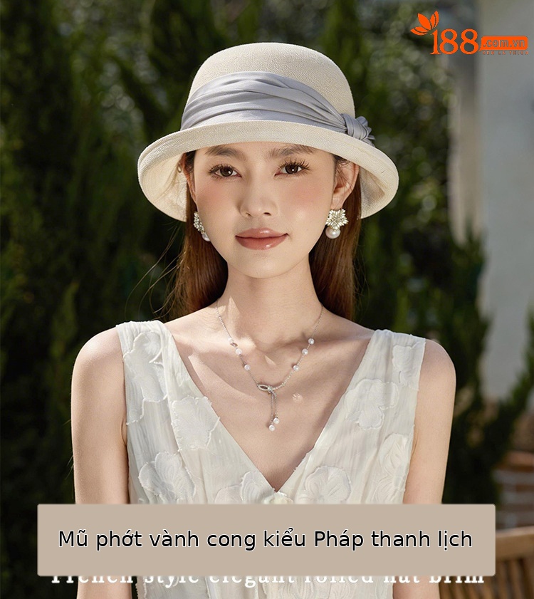 Mũ rộng vành nữ chống nắng họa tiết nơ bướm, chất liệu lụa phối sợi gai, vành cuộn nhẹ — màu be chi tiết 1