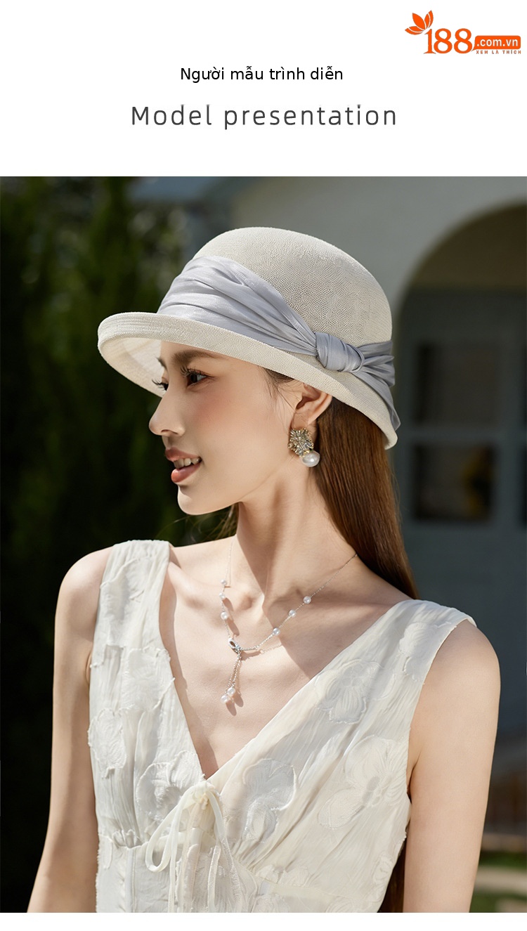 Mũ rộng vành nữ chống nắng họa tiết nơ bướm, chất liệu lụa phối sợi gai, vành cuộn nhẹ — màu be chi tiết 4