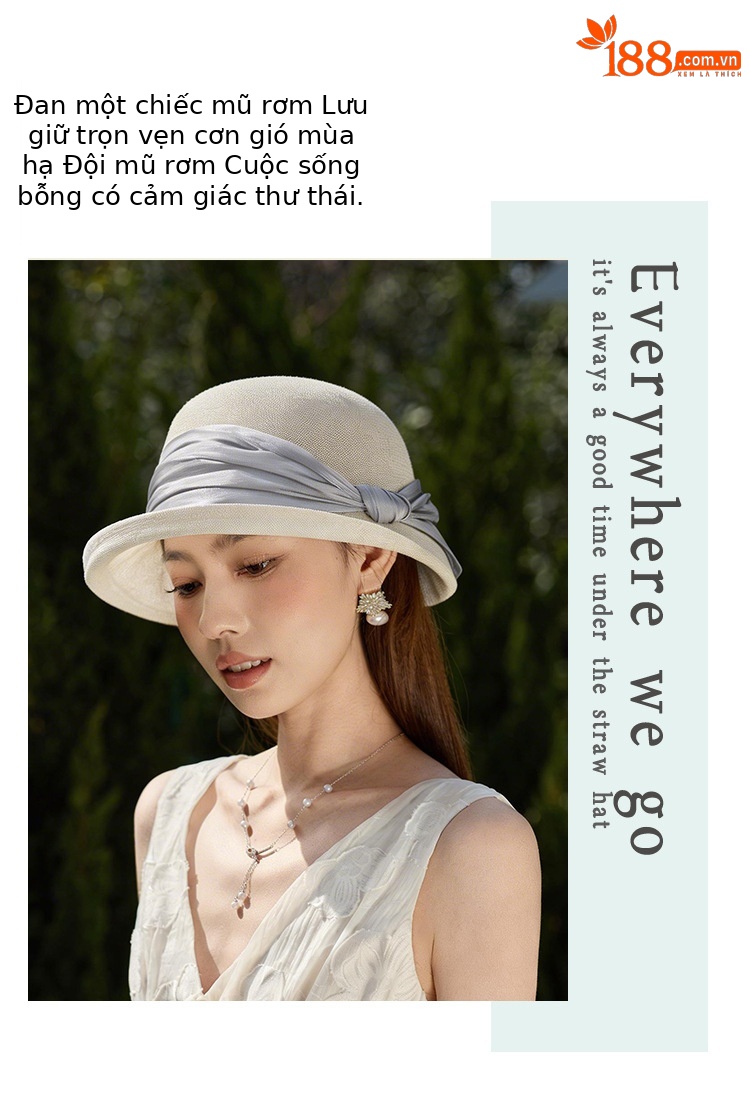 Mũ rộng vành nữ chống nắng họa tiết nơ bướm, chất liệu lụa phối sợi gai, vành cuộn nhẹ — màu be chi tiết 5