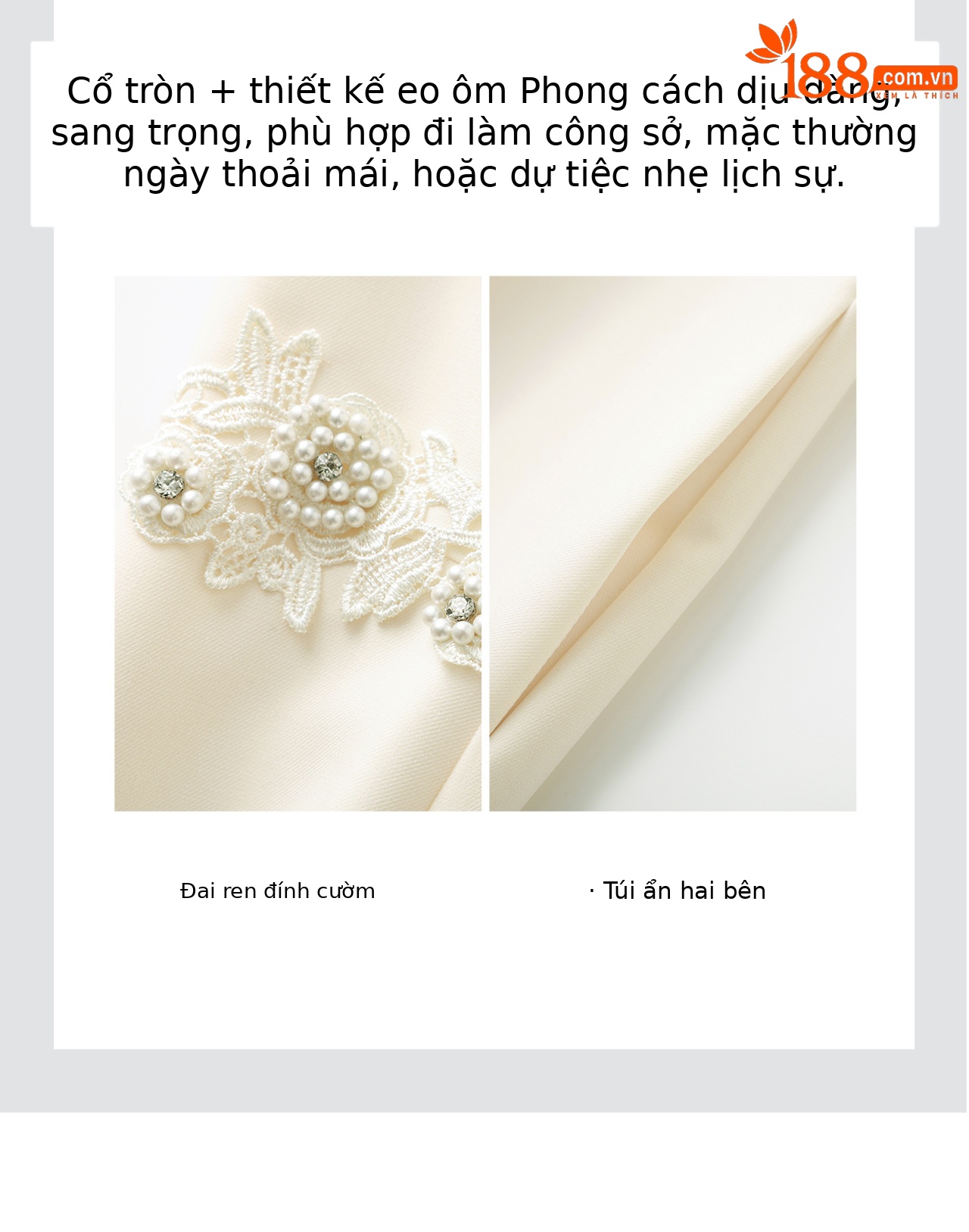 Đầm thêu đính cườm cổ tròn thắt eo công sở — màu be chi tiết 9