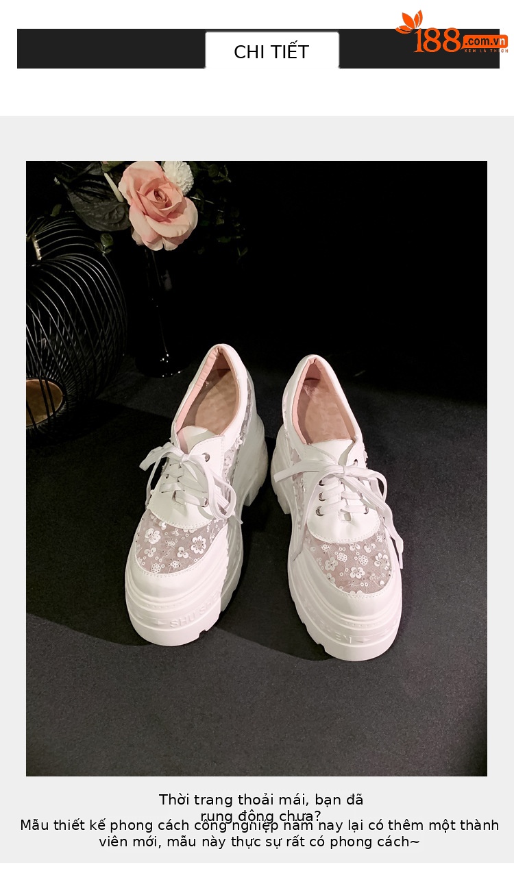 Giày sneaker nữ đế dày lưới thoáng khí, phối dây buộc phong cách loafer đế xuồng — Trắng 12cm, Trắng 15cm, Đen 12cm, Đen 15cm chi tiết 2