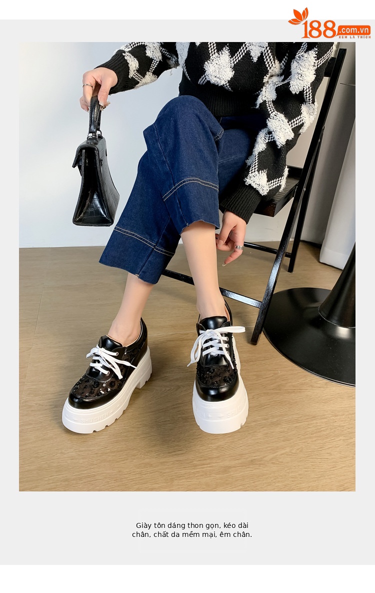 Giày sneaker nữ đế dày lưới thoáng khí, phối dây buộc phong cách loafer đế xuồng — Trắng 12cm, Trắng 15cm, Đen 12cm, Đen 15cm chi tiết 3