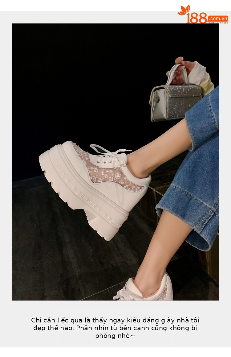 Giày sneaker nữ đế dày lưới thoáng khí, phối dây buộc phong cách loafer đế xuồng — Trắng 12cm, Trắng 15cm, Đen 12cm, Đen 15cm chi tiết 4