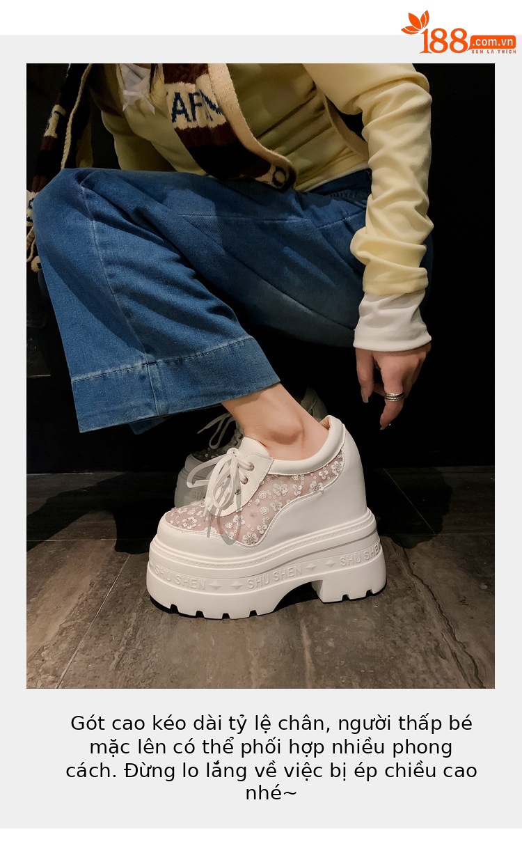 Giày sneaker nữ đế dày lưới thoáng khí, phối dây buộc phong cách loafer đế xuồng — Trắng 12cm, Trắng 15cm, Đen 12cm, Đen 15cm chi tiết 6
