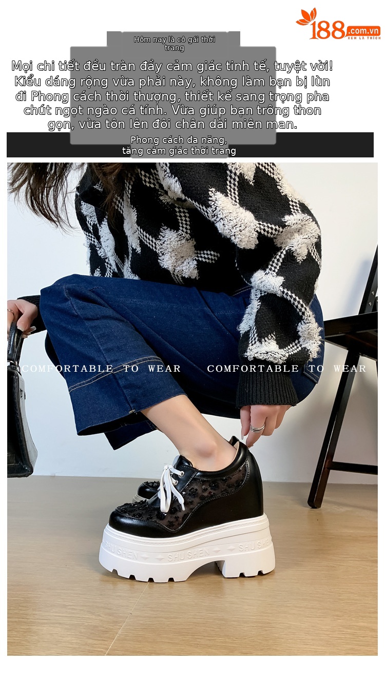 Giày sneaker nữ đế dày lưới thoáng khí, phối dây buộc phong cách loafer đế xuồng — Trắng 12cm, Trắng 15cm, Đen 12cm, Đen 15cm chi tiết 1