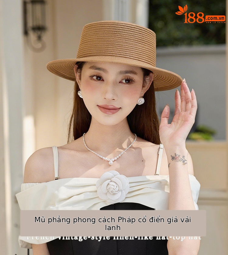 Mũ rơm vành rộng phong cách Pháp Hepburn cho nữ đi biển — màu be chi tiết 1