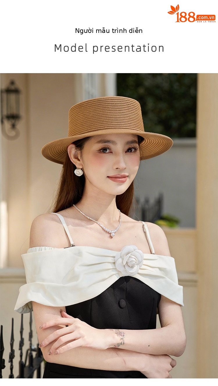 Mũ rơm vành rộng phong cách Pháp Hepburn cho nữ đi biển — màu be chi tiết 4