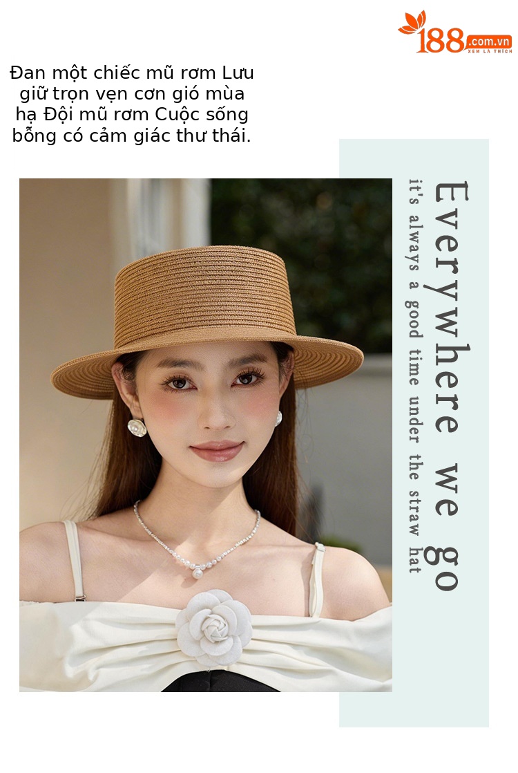 Mũ rơm vành rộng phong cách Pháp Hepburn cho nữ đi biển — màu be chi tiết 5