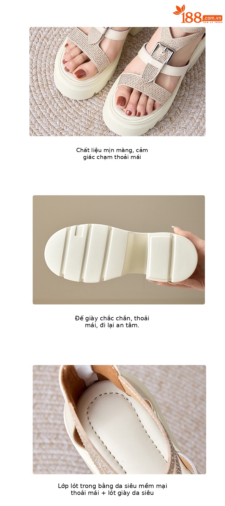 Sandal cao gót nữ đế xuồng gót 12 cm phong cách La Mã hở mũi đính đá — màu đen, màu trắng ngà chi tiết 5