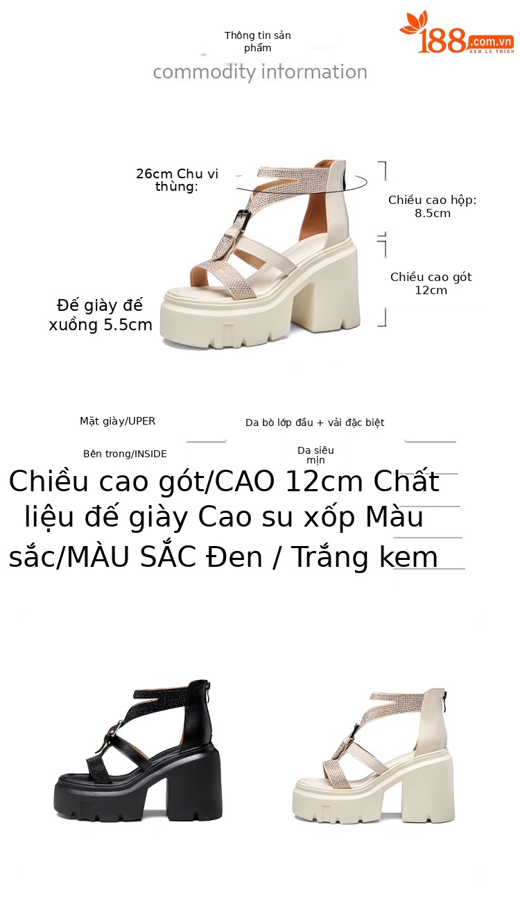 Sandal cao gót nữ đế xuồng gót 12 cm phong cách La Mã hở mũi đính đá — màu đen, màu trắng ngà chi tiết 4