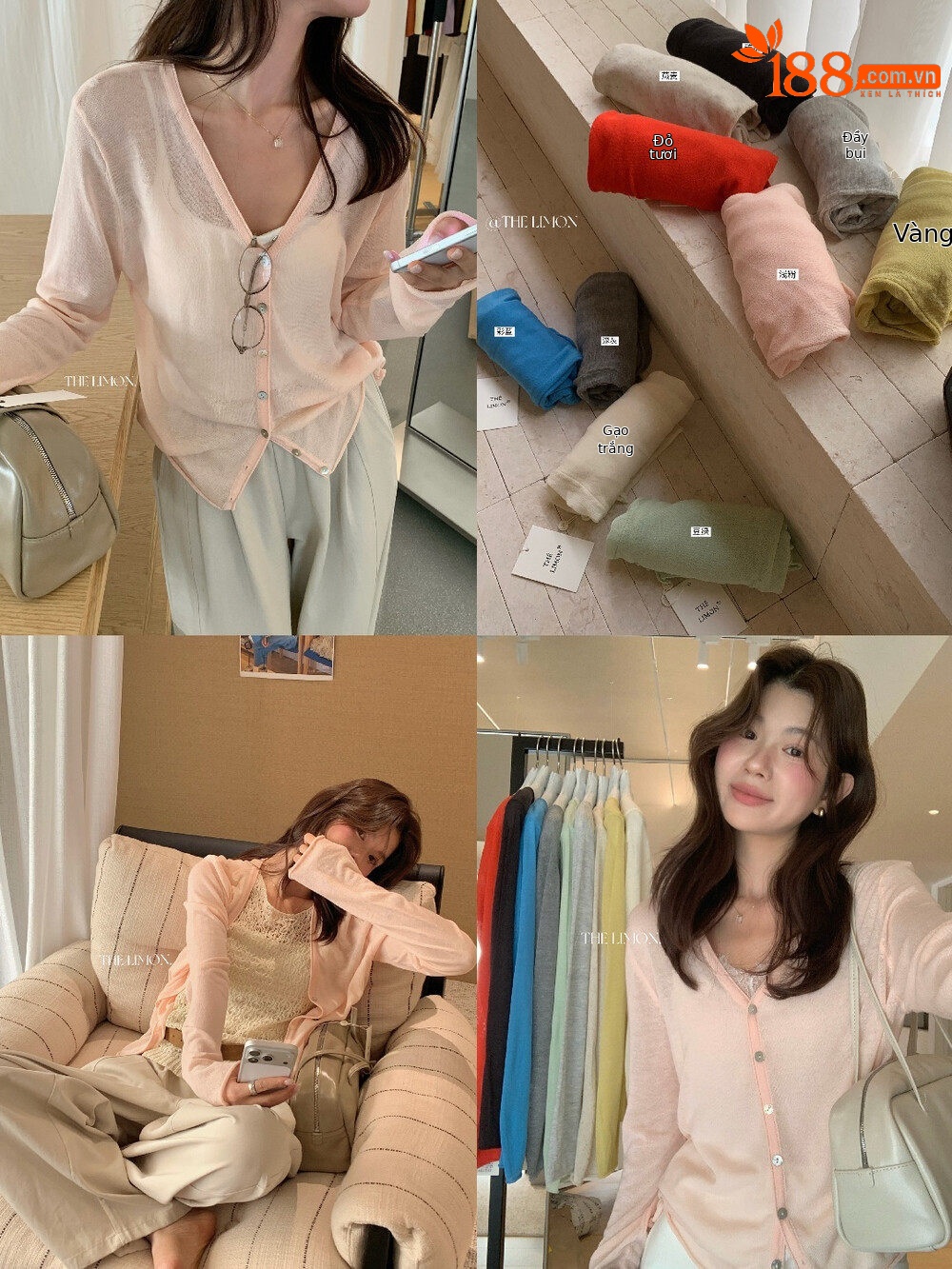 Áo khoác cardigan V-neck dệt kim sợi tencel linen chống nắng mỏng nhẹ xuân hè — Đỏ thẫm, Xám cacbon, xám đậm, trắng ngà chi tiết 16