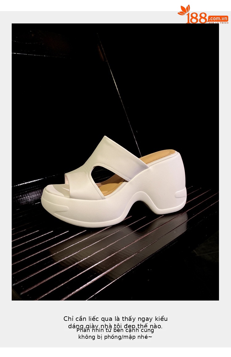 Dép sandal nữ quai chữ V đế bánh mì cao 10 cm da bò thật — màu trắng ngà, màu mơ chi tiết 3
