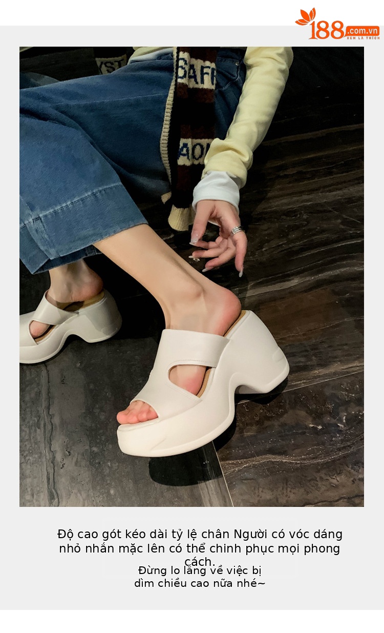 Dép sandal nữ quai chữ V đế bánh mì cao 10 cm da bò thật — màu trắng ngà, màu mơ chi tiết 5