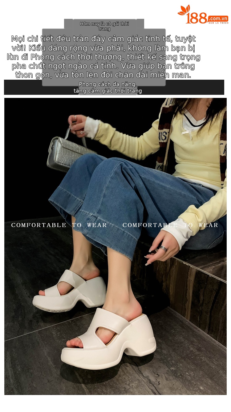 Dép sandal nữ quai chữ V đế bánh mì cao 10 cm da bò thật — màu trắng ngà, màu mơ chi tiết 1