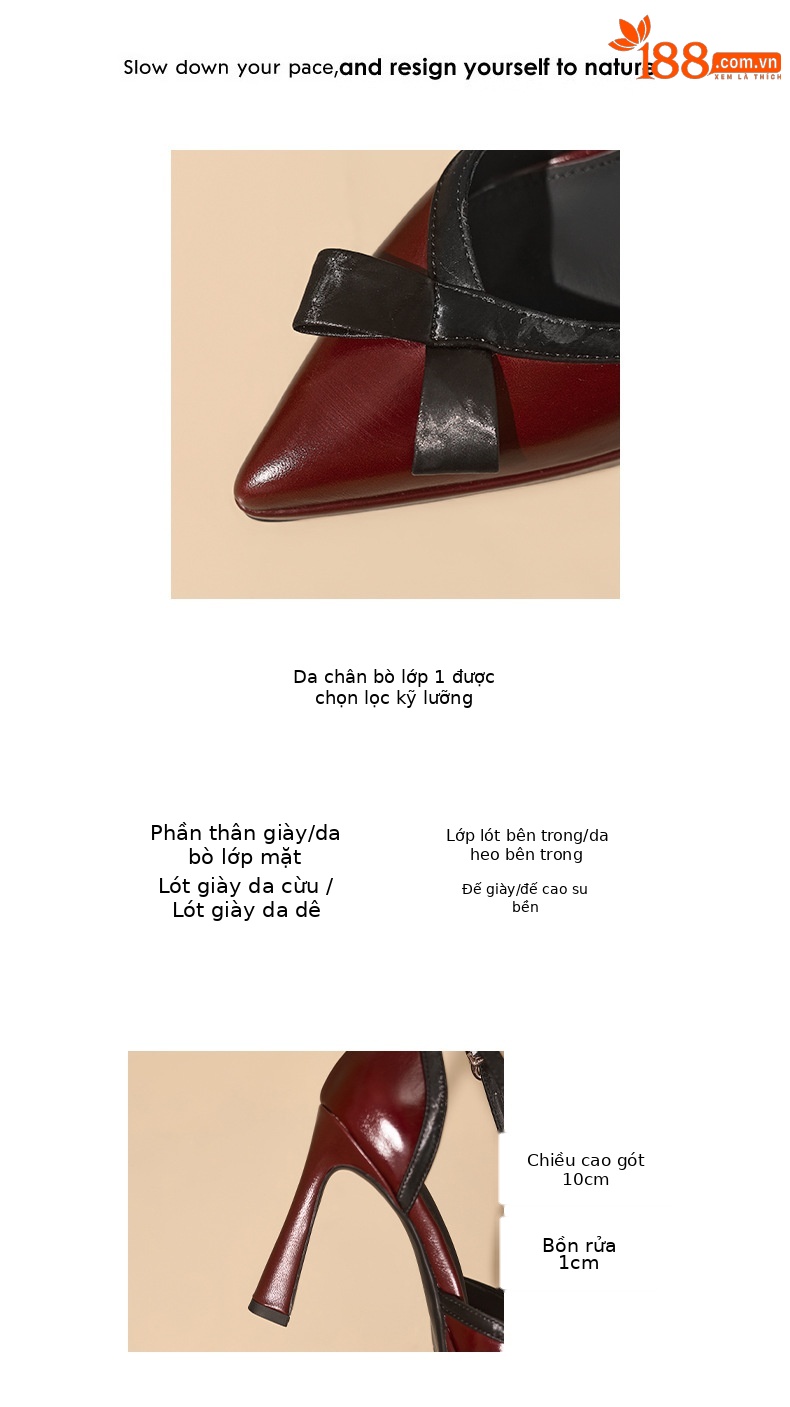 Sandal cao gót nữ phối màu phong cách Chanel, quai một khuy, mũi kín, gót nhọn 9 cm — Rượu vang đỏ, màu trắng ngà chi tiết 2