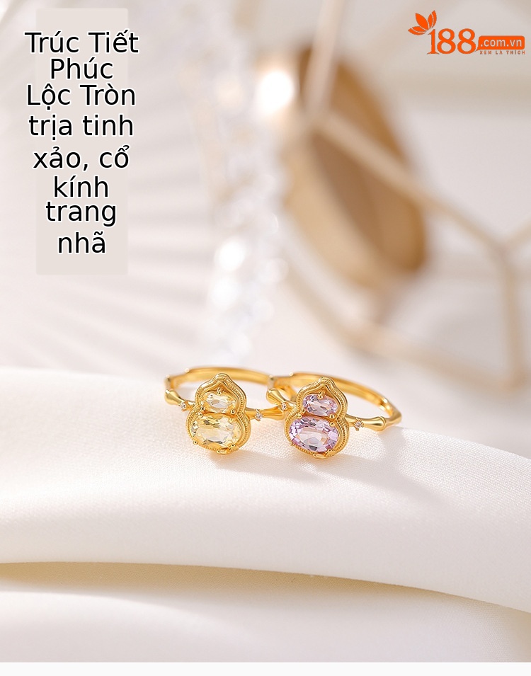 Nhẫn bạc S925 mạ vàng hình quả hồ lô đính đá hoàng thủy tinh phong cách tân trung hoa — Màu hoàng thủy tinh chi tiết 1