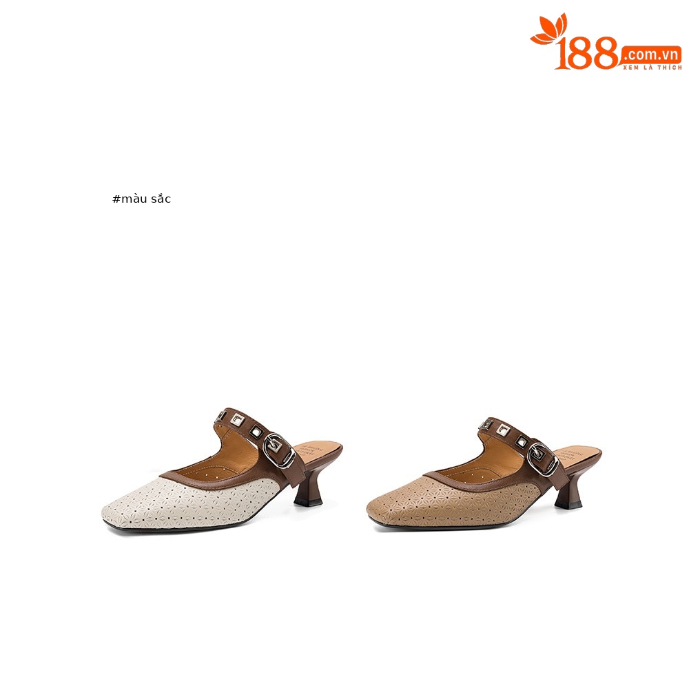 Sandal nữ quai ngang mũi vuông gót 5 cm phối màu — màu trắng ngà chi tiết 4