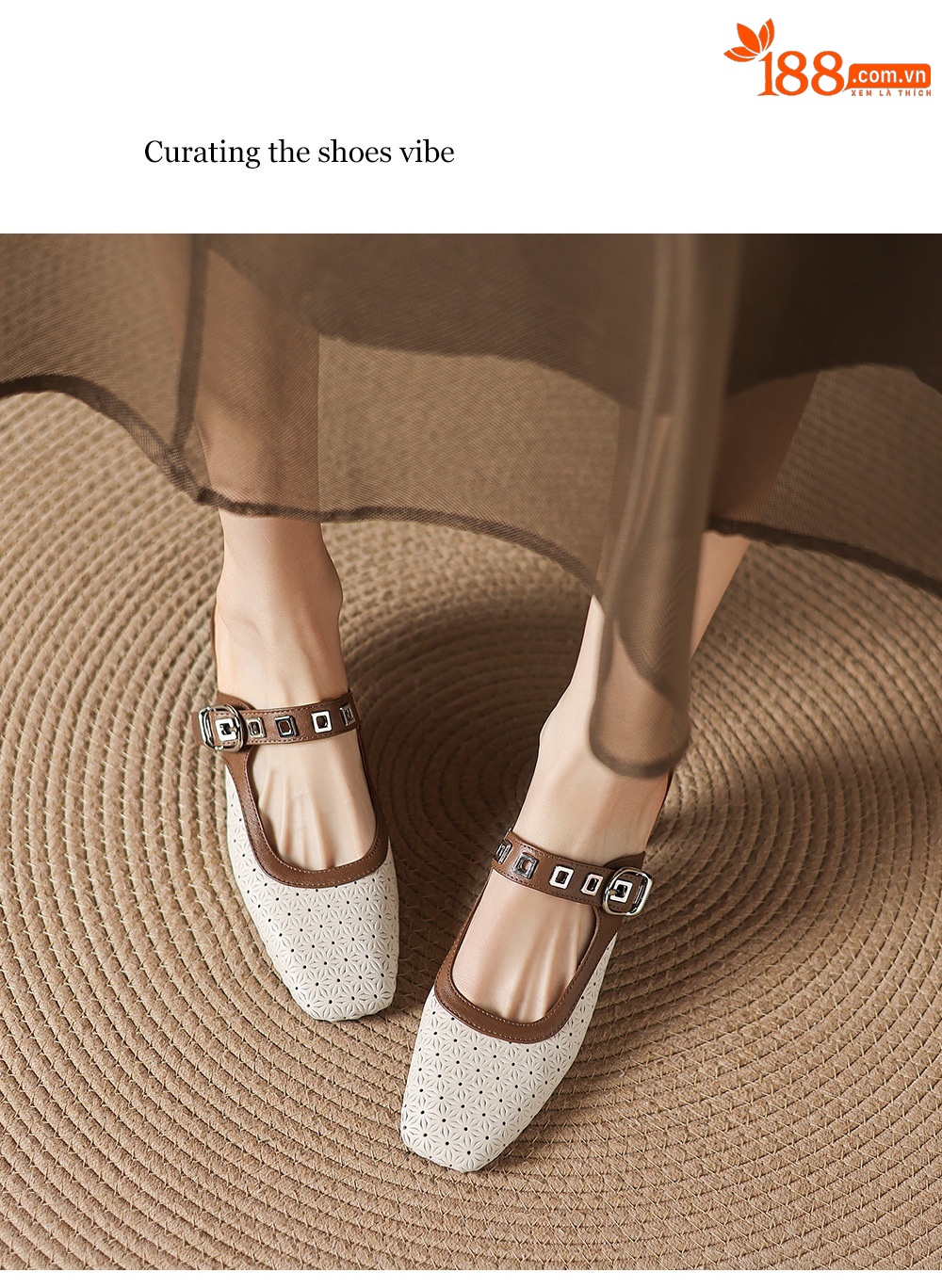 Sandal nữ quai ngang mũi vuông gót 5 cm phối màu — màu trắng ngà chi tiết 13