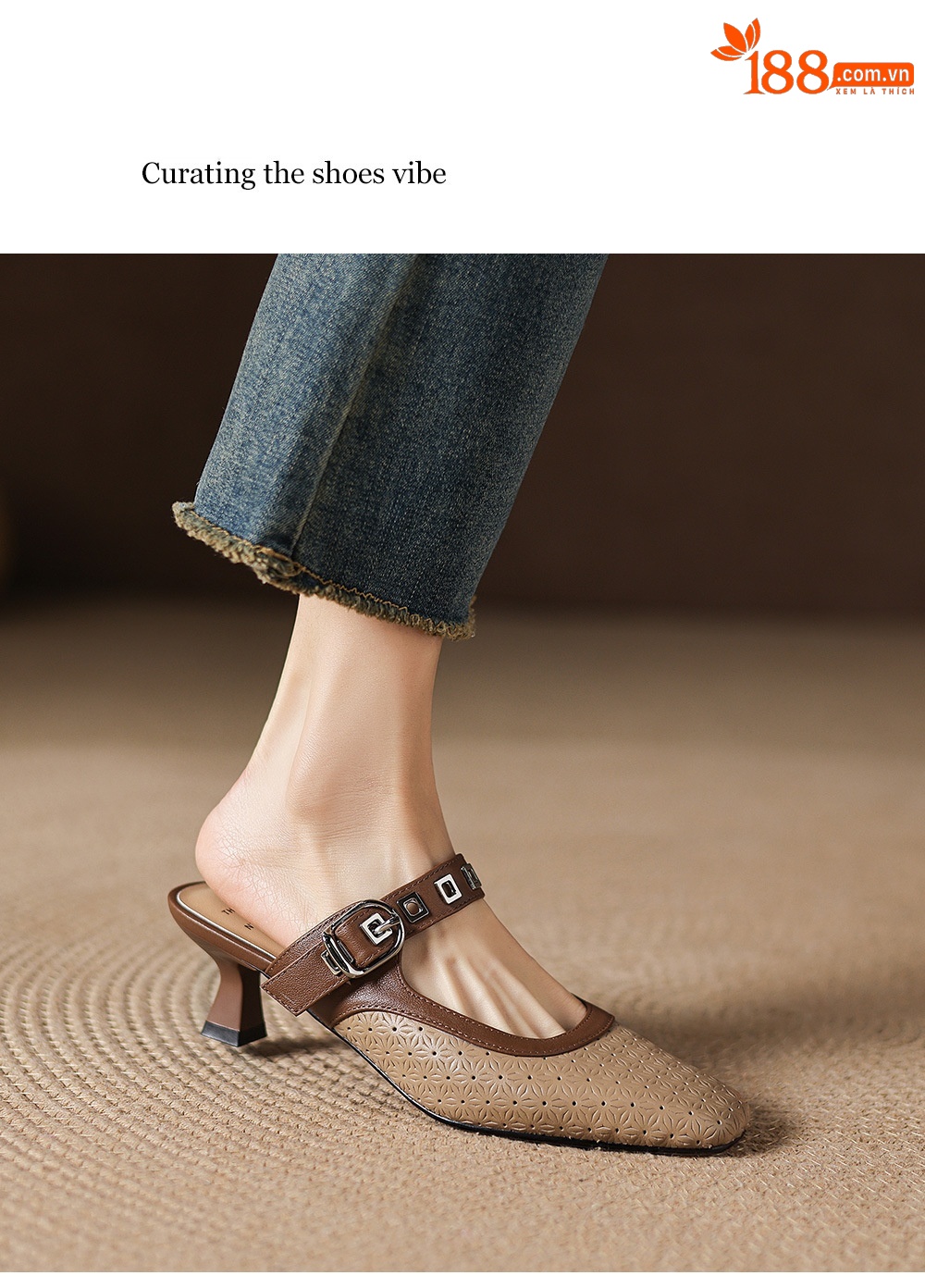 Sandal nữ quai ngang mũi vuông gót 5 cm phối màu — màu trắng ngà chi tiết 15