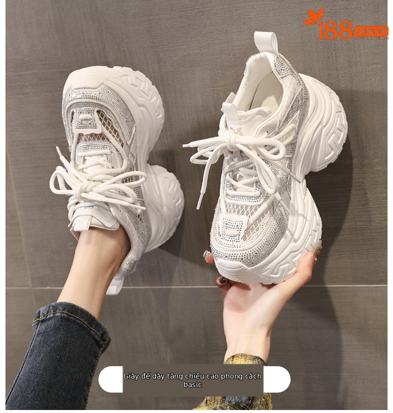 Giày sneaker nữ đế dày tăng chiều cao phong cách thời trang đính đá rhinestone, thoáng khí — màu trắng chi tiết 1