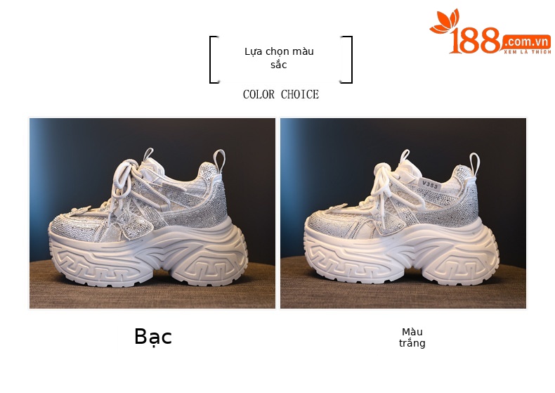 Giày sneaker nữ đế dày tăng chiều cao phong cách thời trang đính đá rhinestone, thoáng khí — màu trắng chi tiết 2