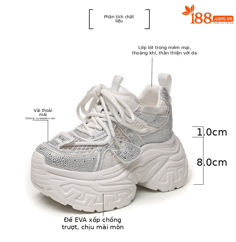 Giày sneaker nữ đế dày tăng chiều cao phong cách thời trang đính đá rhinestone, thoáng khí — màu trắng chi tiết 3