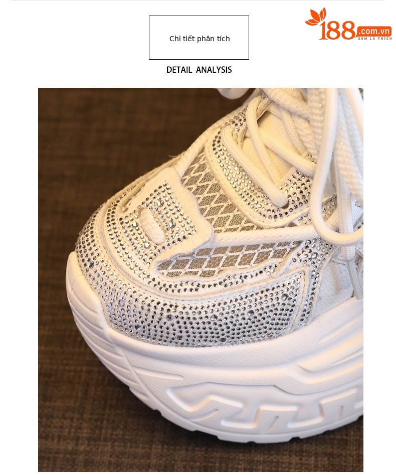 Giày sneaker nữ đế dày tăng chiều cao phong cách thời trang đính đá rhinestone, thoáng khí — màu trắng chi tiết 7