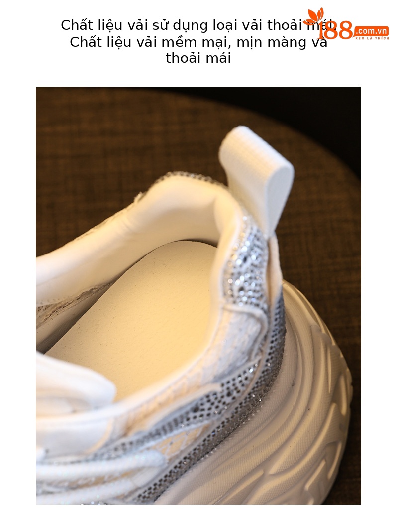 Giày sneaker nữ đế dày tăng chiều cao phong cách thời trang đính đá rhinestone, thoáng khí — màu trắng chi tiết 8