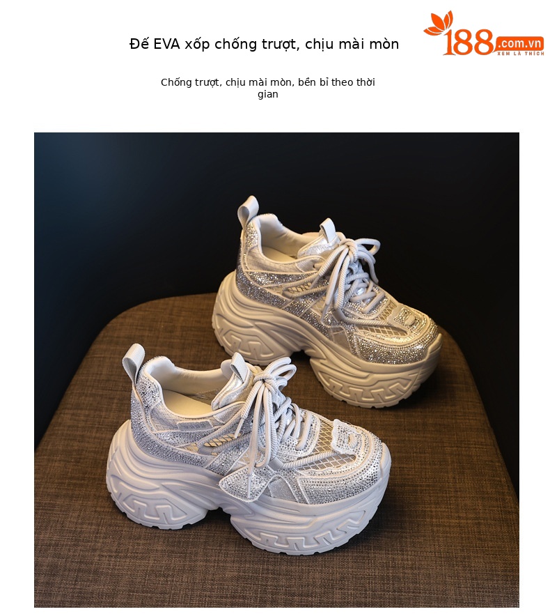 Giày sneaker nữ đế dày tăng chiều cao phong cách thời trang đính đá rhinestone, thoáng khí — màu trắng chi tiết 10