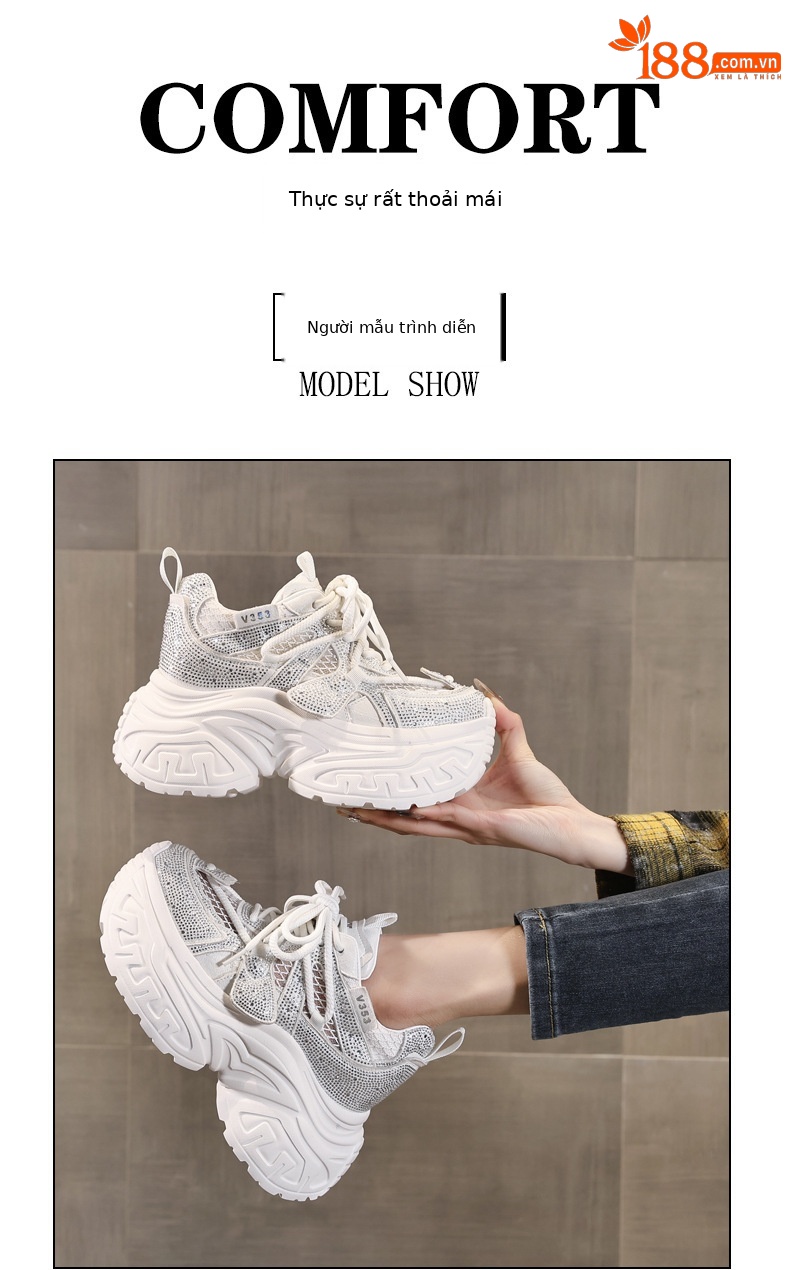 Giày sneaker nữ đế dày tăng chiều cao phong cách thời trang đính đá rhinestone, thoáng khí — màu trắng chi tiết 11