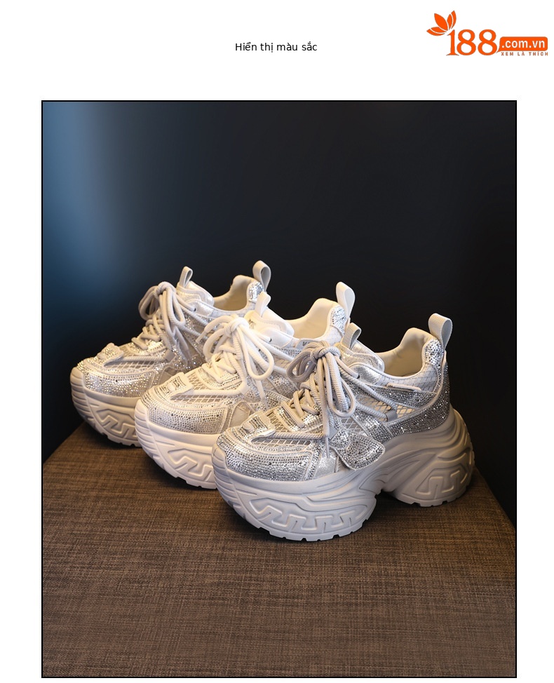 Giày sneaker nữ đế dày tăng chiều cao phong cách thời trang đính đá rhinestone, thoáng khí — màu trắng chi tiết 18