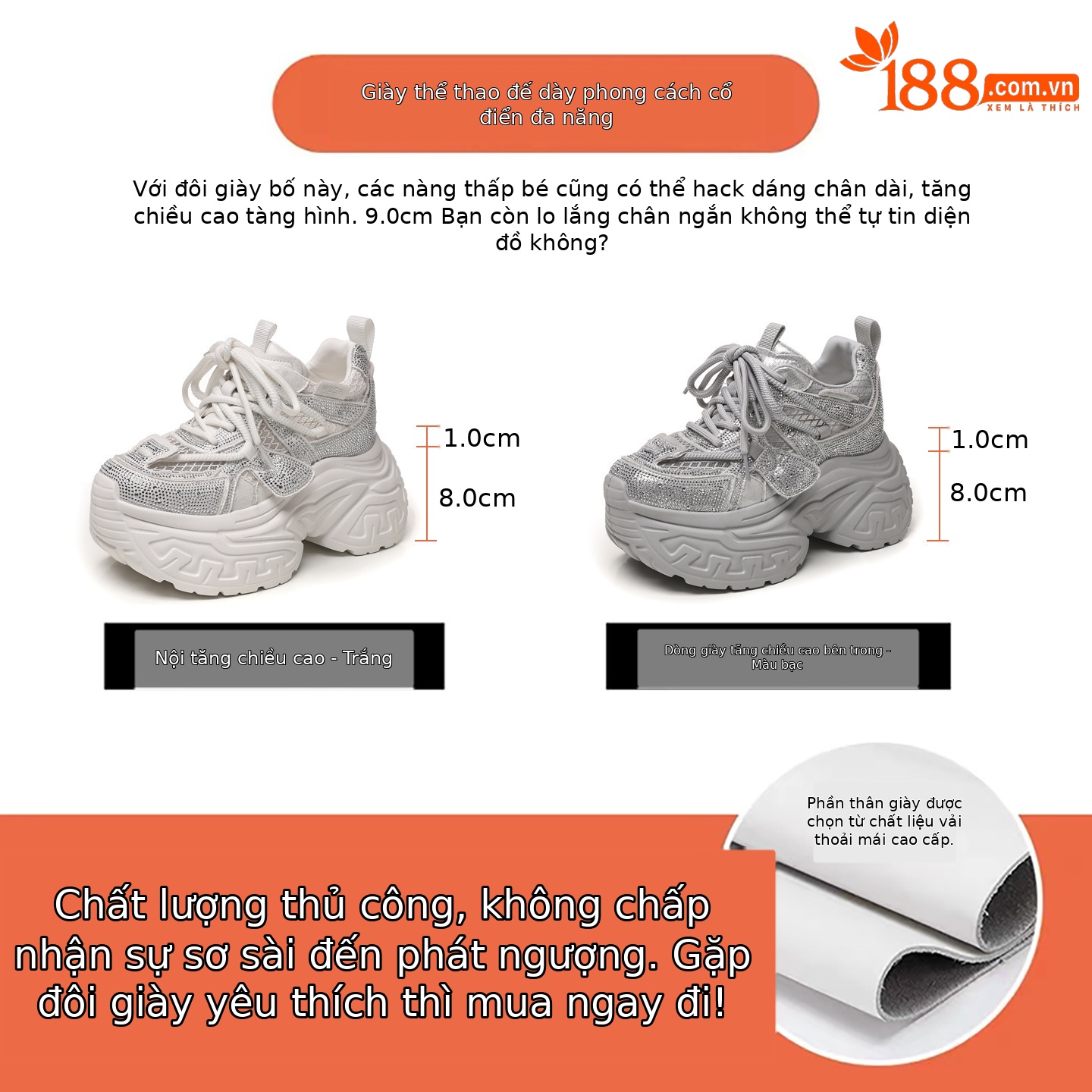 Giày sneaker nữ đế dày tăng chiều cao phong cách thời trang đính đá rhinestone, thoáng khí — màu trắng
