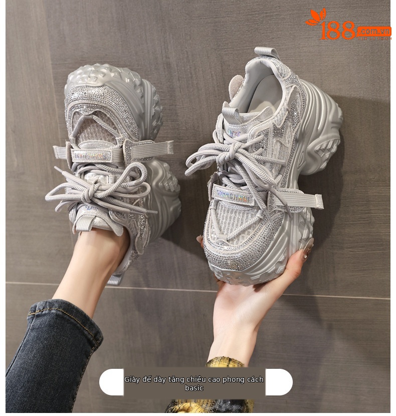Giày sneaker nữ đế dày tăng chiều cao đính đá lưới thoáng khí — màu trắng chi tiết 1