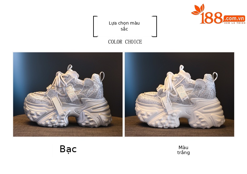 Giày sneaker nữ đế dày tăng chiều cao đính đá lưới thoáng khí — màu trắng chi tiết 2