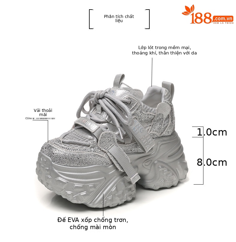 Giày sneaker nữ đế dày tăng chiều cao đính đá lưới thoáng khí — màu trắng chi tiết 3