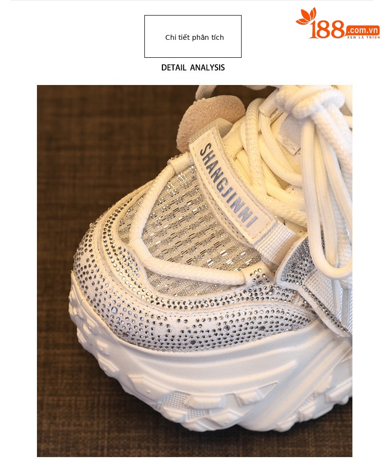 Giày sneaker nữ đế dày tăng chiều cao đính đá lưới thoáng khí — màu trắng chi tiết 7