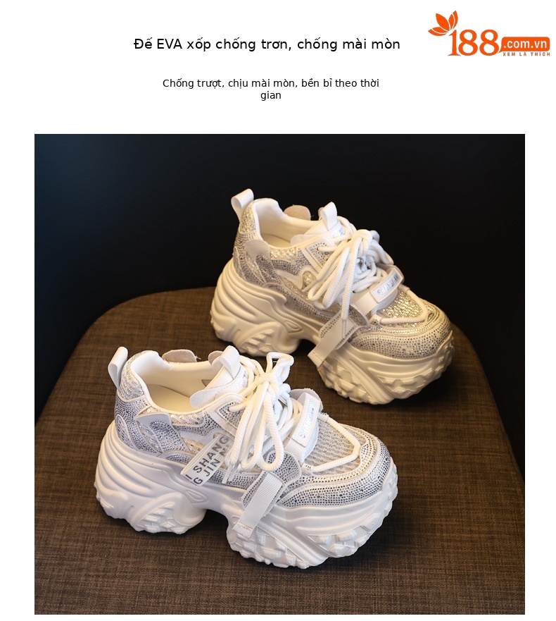 Giày sneaker nữ đế dày tăng chiều cao đính đá lưới thoáng khí — màu trắng chi tiết 10