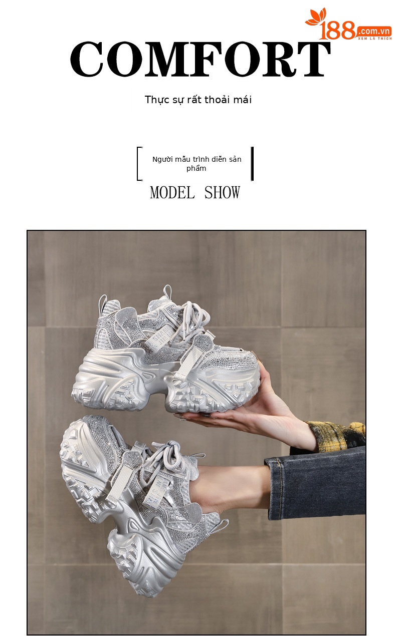 Giày sneaker nữ đế dày tăng chiều cao đính đá lưới thoáng khí — màu trắng chi tiết 11