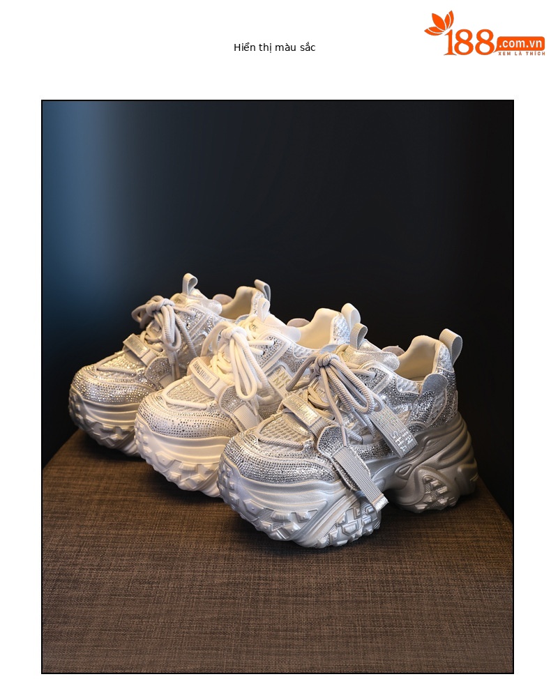 Giày sneaker nữ đế dày tăng chiều cao đính đá lưới thoáng khí — màu trắng chi tiết 18